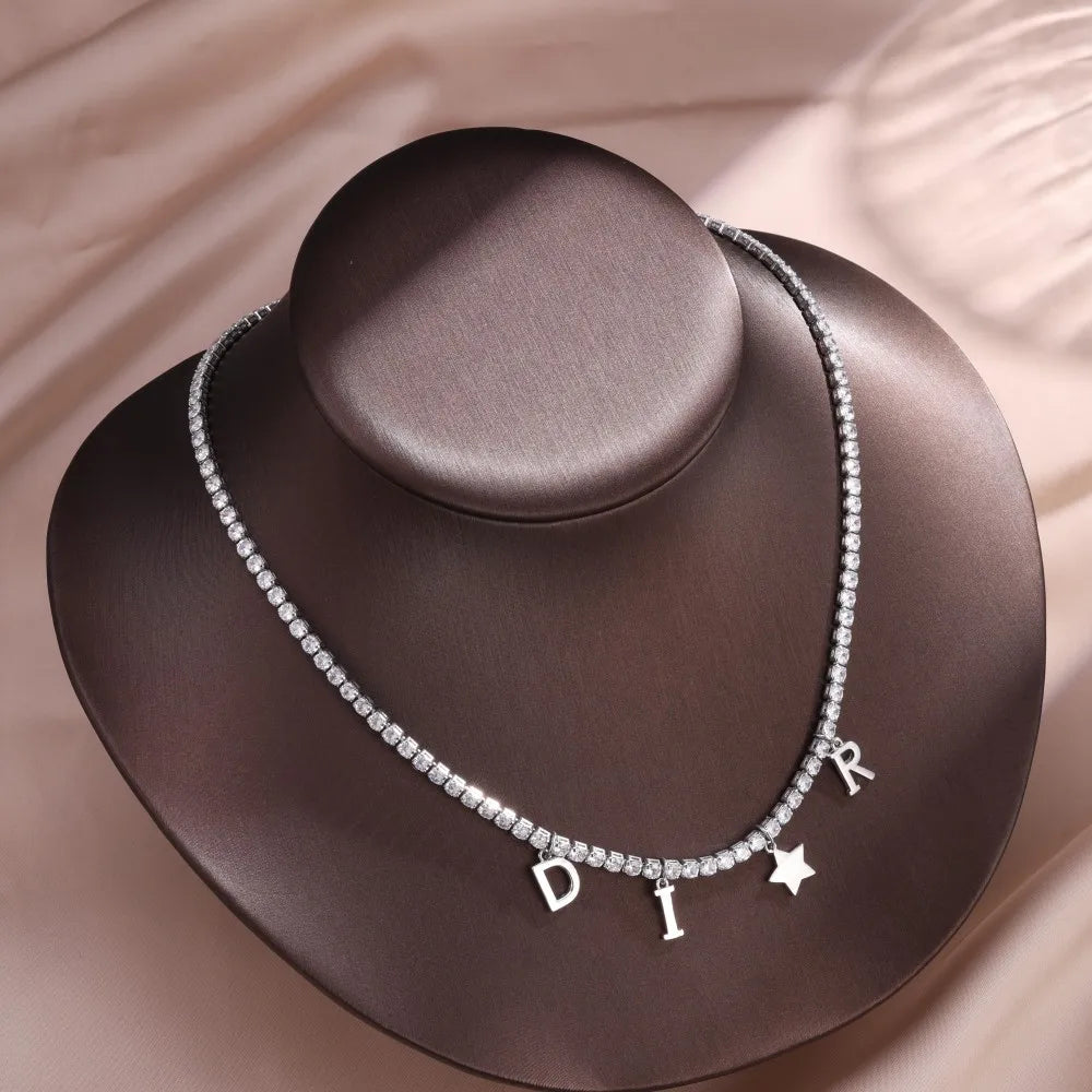 Women's Fashion Letter Star Pendant Necklace with Full Zircon Inlay Simple Chain Luxury Jewelry Accessory Gift