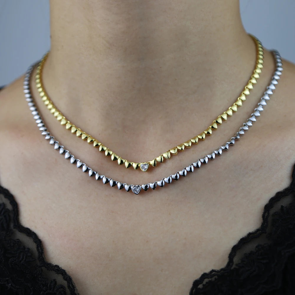 High Polish Shiny Heart Shaped Charm Tennis Chain 16 Inches Fashion Necklace 2022 Valentine's Gift Jewelry