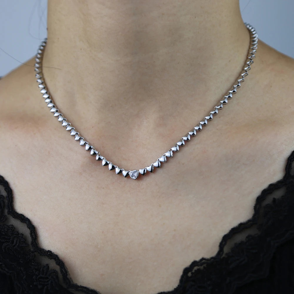 High Polish Shiny Heart Shaped Charm Tennis Chain 16 Inches Fashion Necklace 2022 Valentine's Gift Jewelry