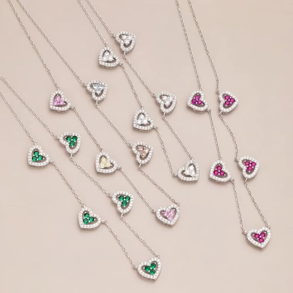 Genuine S925 Sterling Silver 5 Heart Necklace Cubic Zirconia Adjustable Chain Jewelry Gift for Women Valentine's Day Anniversary