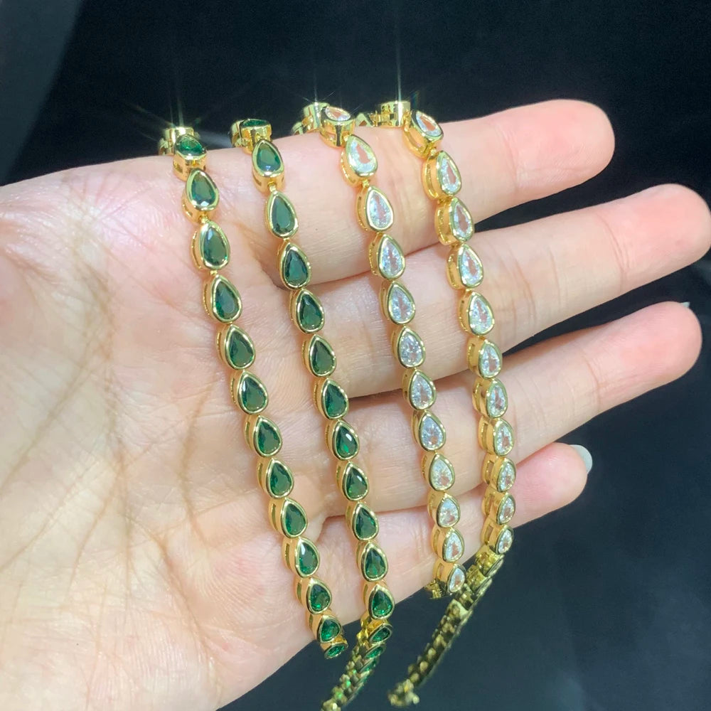 White Green Tear Drop Cubic Zirconia Bezel Set Tennis Chain Gold Color Fashion Women Choker Necklace