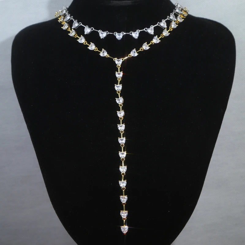New Arrived Girlfriend Lover Gift Jewelry High Quality Iced Out Bling 5A Heart Shaped CZ Tennis Chain Choker Y Lariat Necklace
