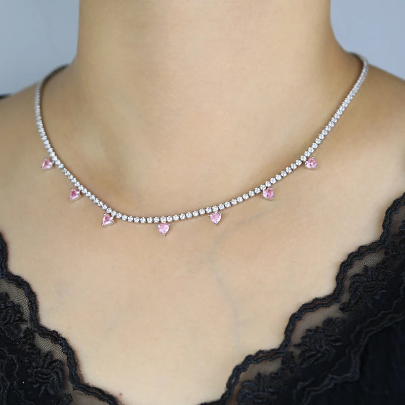 2MM Thin CZ Tennis Chain Pink Heart Shaped Cubic Zirconia Drop Charm Sparking Women Fashion Choker Necklace