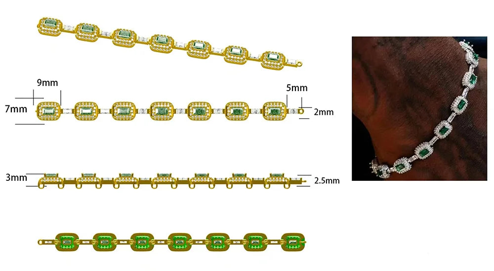 ESKEEM Fashion Jewelry Iced Emerald Cushion Cut Diamond Bracelet White Gold Inlaid Green Baguette Zircon Women's Bracelet ﻿