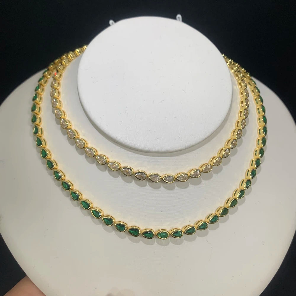 White Green Tear Drop Cubic Zirconia Bezel Set Tennis Chain Gold Color Fashion Women Choker Necklace