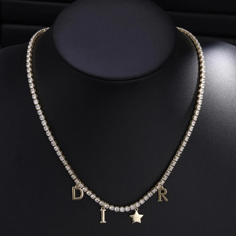 Women's Fashion Letter Star Pendant Necklace with Full Zircon Inlay Simple Chain Luxury Jewelry Accessory Gift