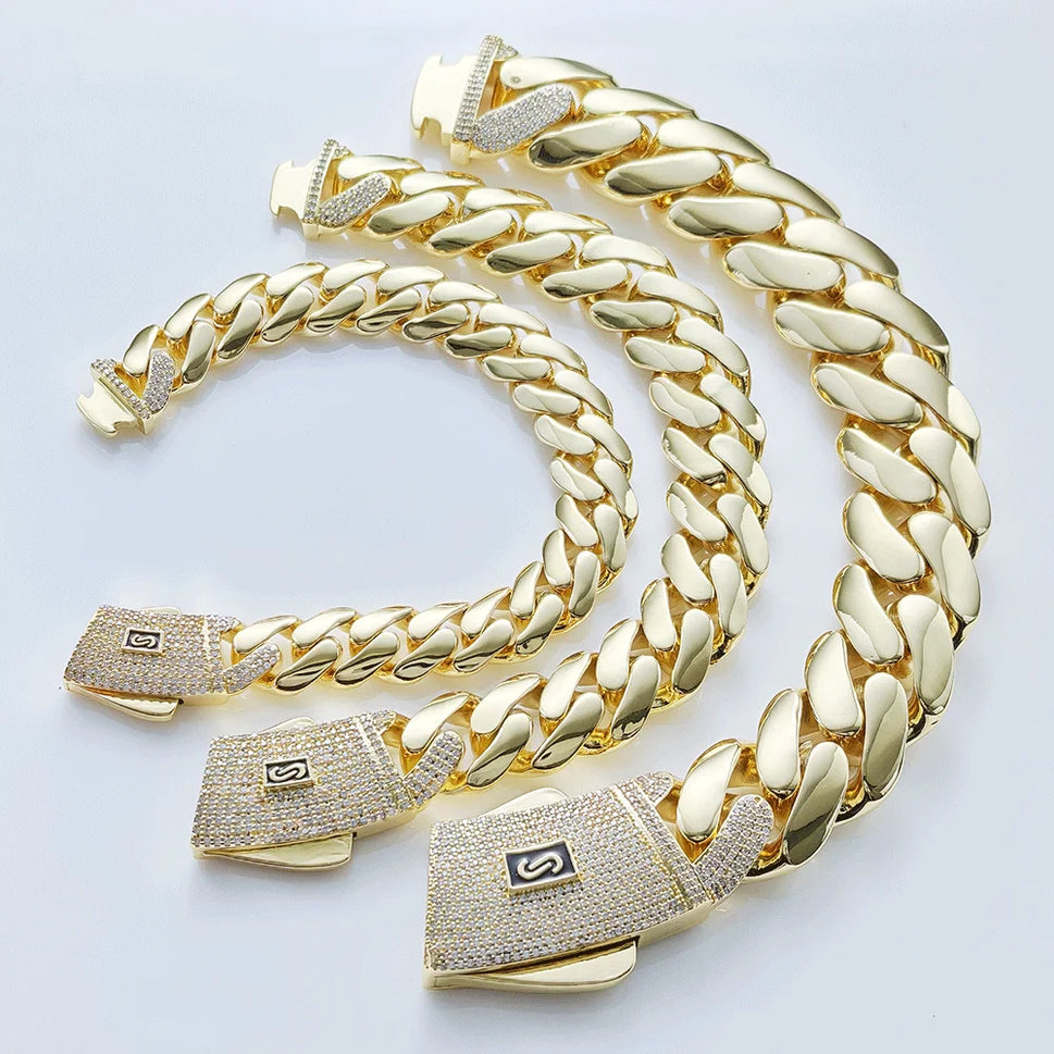 6/8/10/12/15/20mm Monaco Cuban Chain Necklace Hip Hop 14k Gold Plating Cuban Chain Bracelet Hip Hop Jewelry