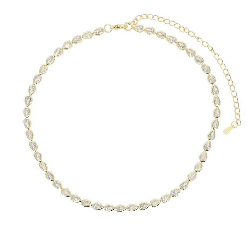 White Green Tear Drop Cubic Zirconia Bezel Set Tennis Chain Gold Color Fashion Women Choker Necklace