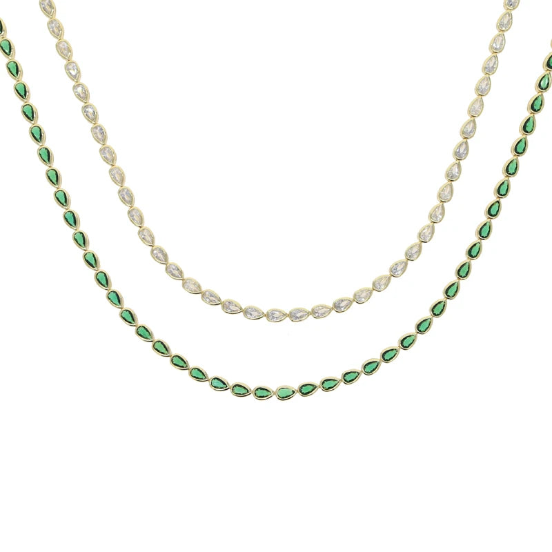 White Green Tear Drop Cubic Zirconia Bezel Set Tennis Chain Gold Color Fashion Women Choker Necklace