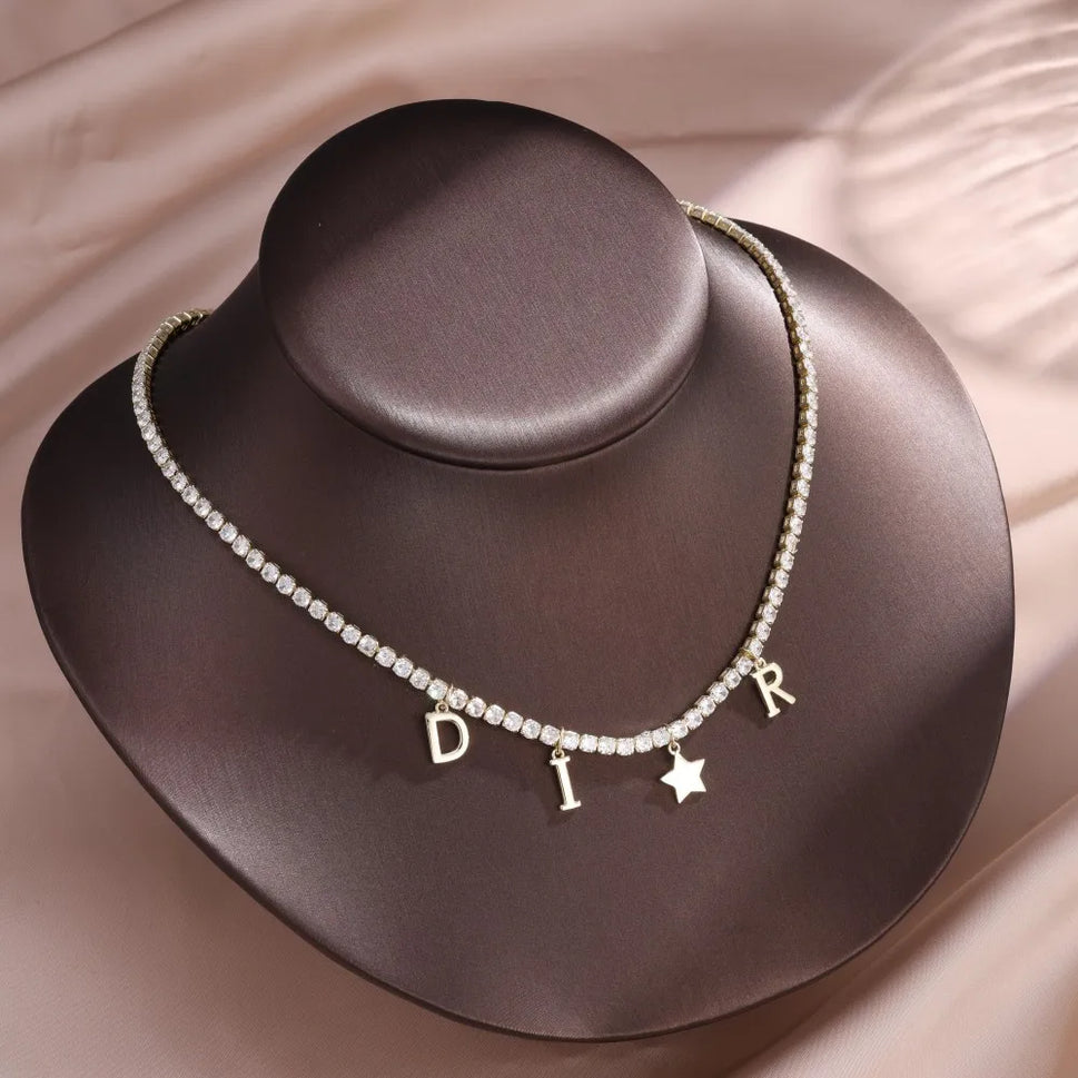 Women's Fashion Letter Star Pendant Necklace with Full Zircon Inlay Simple Chain Luxury Jewelry Accessory Gift