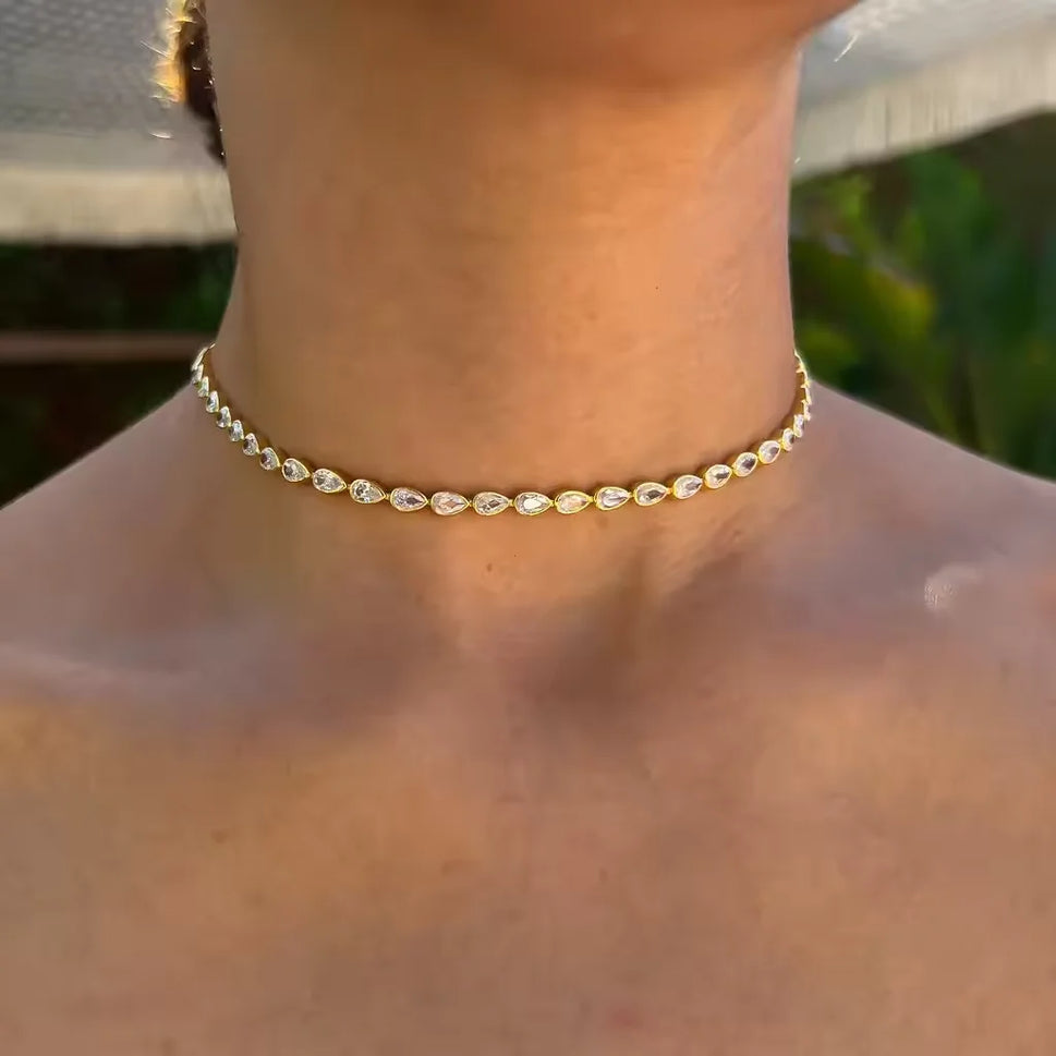 White Green Tear Drop Cubic Zirconia Bezel Set Tennis Chain Gold Color Fashion Women Choker Necklace